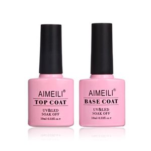 AIMEILI Soak Off UV LED Gel Nail Polish – Base and No Wipe Top Coat Kit Set 10ml