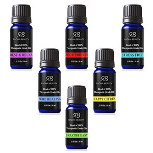 Radha Beauty Essential Oils 6 Blend set for Aromatherapy – 100% Pure Therapeutic Grade Four Thieves, Stress Free, Rest & Relax, Breathe Easy, Pure Healing, Happy Citrus, Gift Set – 6/10 ml